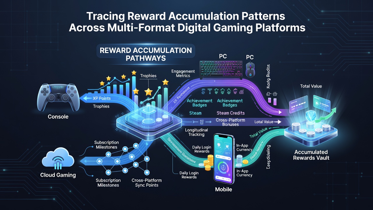 Players interacting with synchronized gaming sessions on tablet and console devices illustrating reward point transfers